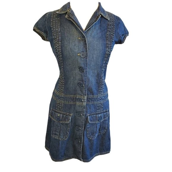 Y2K Denim Shirt Dress Blue Collared  Cotton Button Down Cargo‎ Pockets S/M - Picture 1 of 7